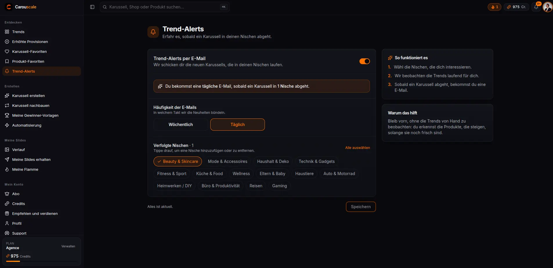 Das Einschalten des E-Mail-Alerts von Carouscale und die Wahl seines Versandtakts