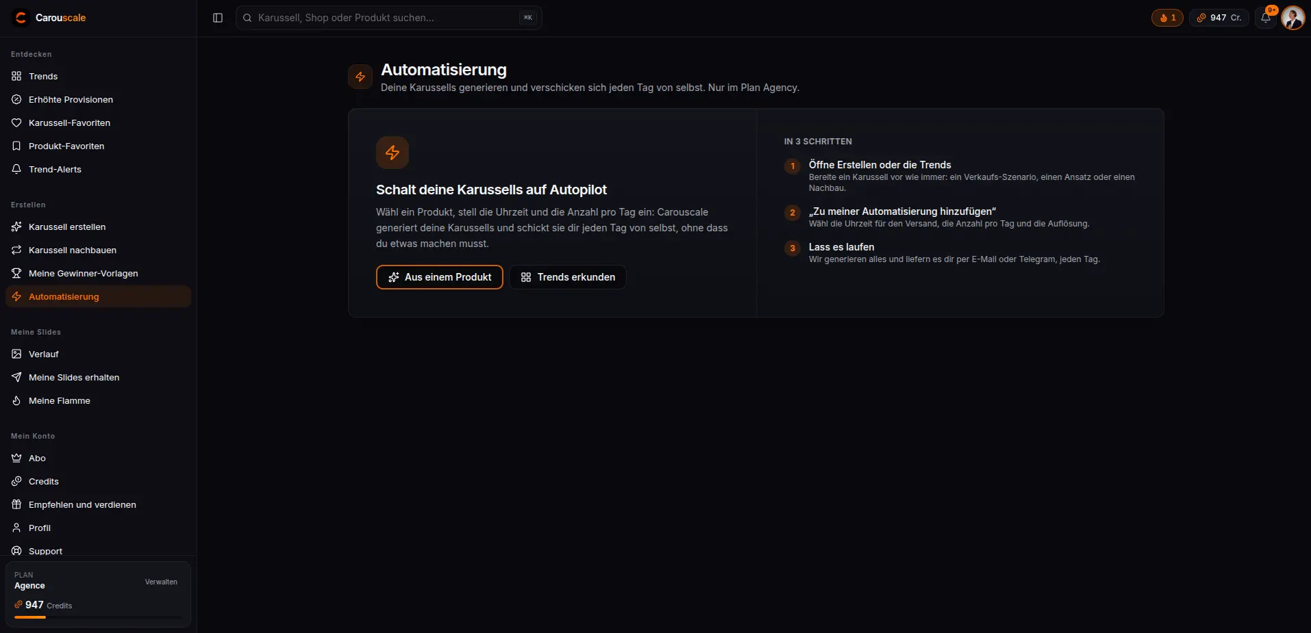 Die Seite Automatisierung von Carouscale und ihre 3 Schritte: Produkt wählen, konfigurieren, jeden Tag empfangen