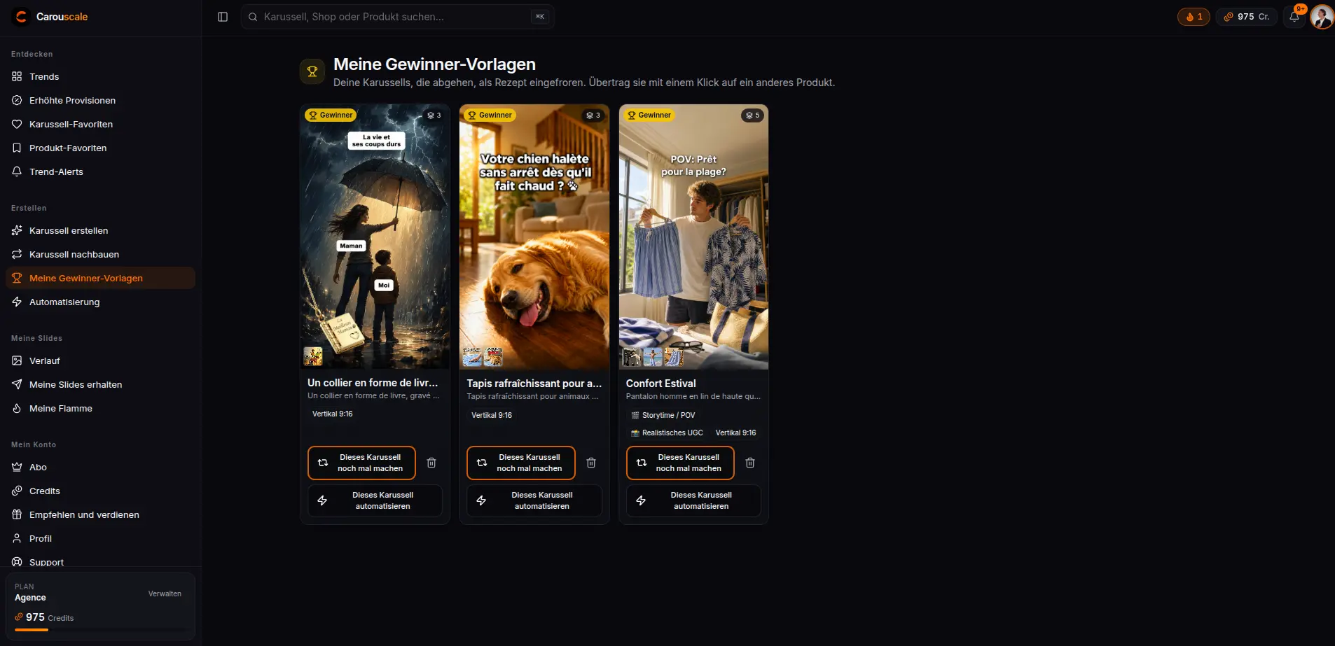 Die angepinnten Gewinner-Vorlagen, bereit zum Neustart mit demselben oder einem anderen Produkt
