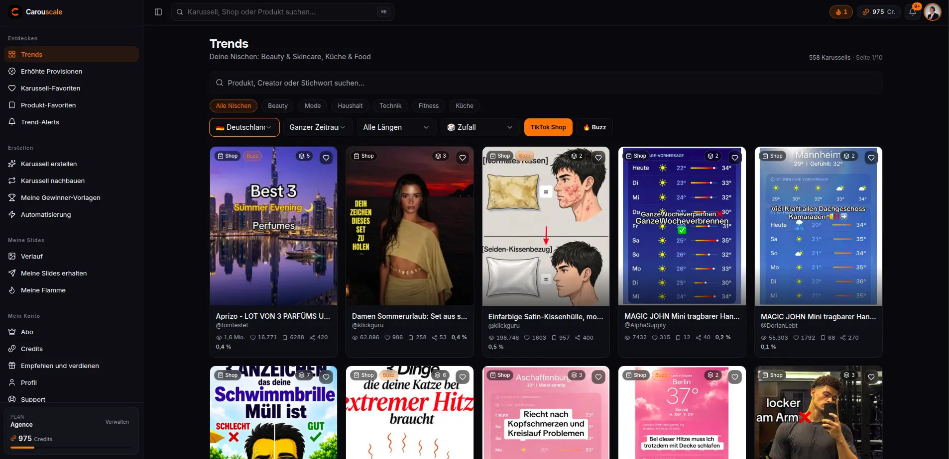 Das Trend-Board von Carouscale: die TikTok-Shop-Karussells mit über 5.000 Aufrufen