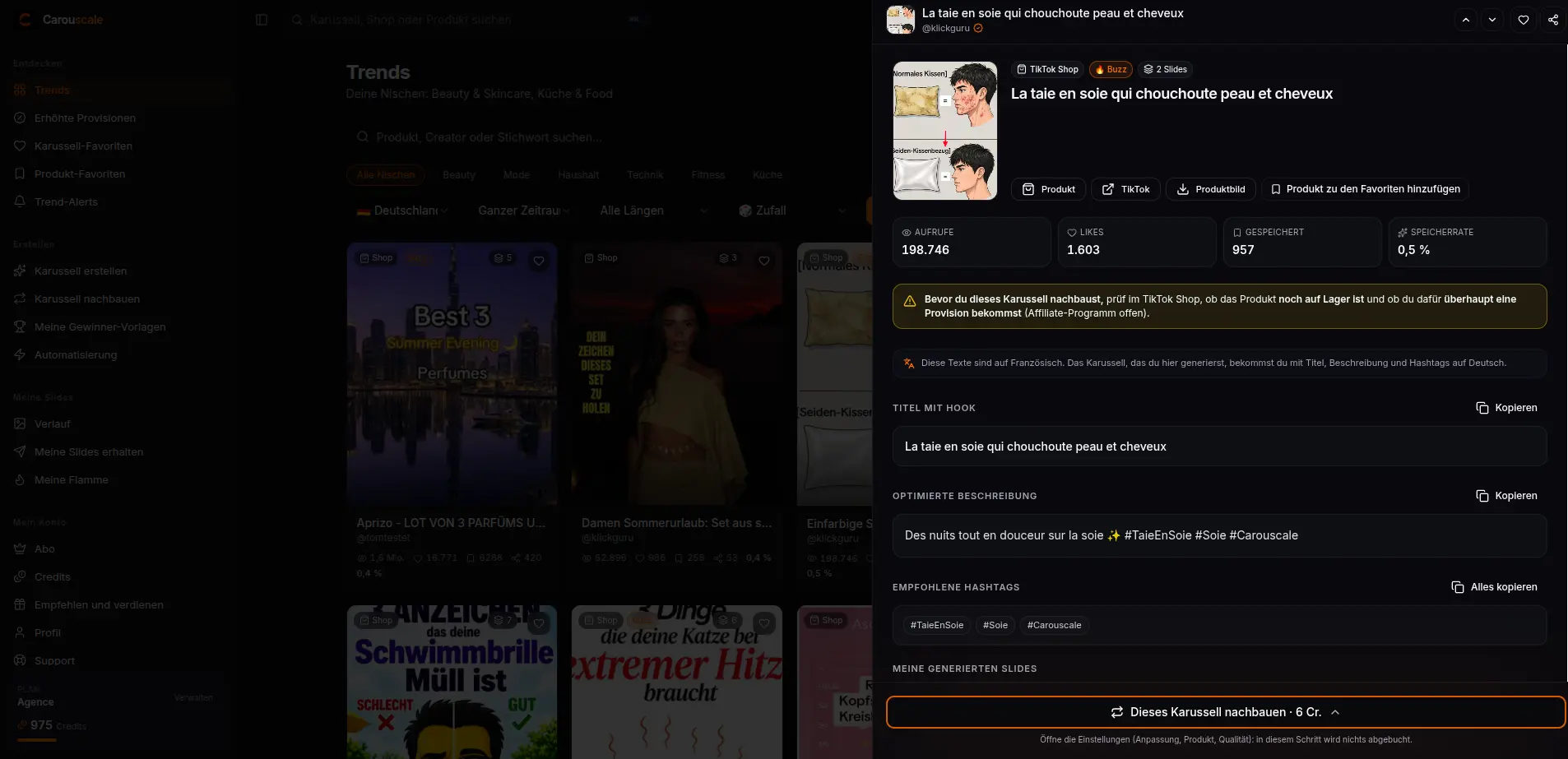 Ein Karussell aus den Trends mit dem verkauften TikTok-Shop-Produkt und seinen Zahlen