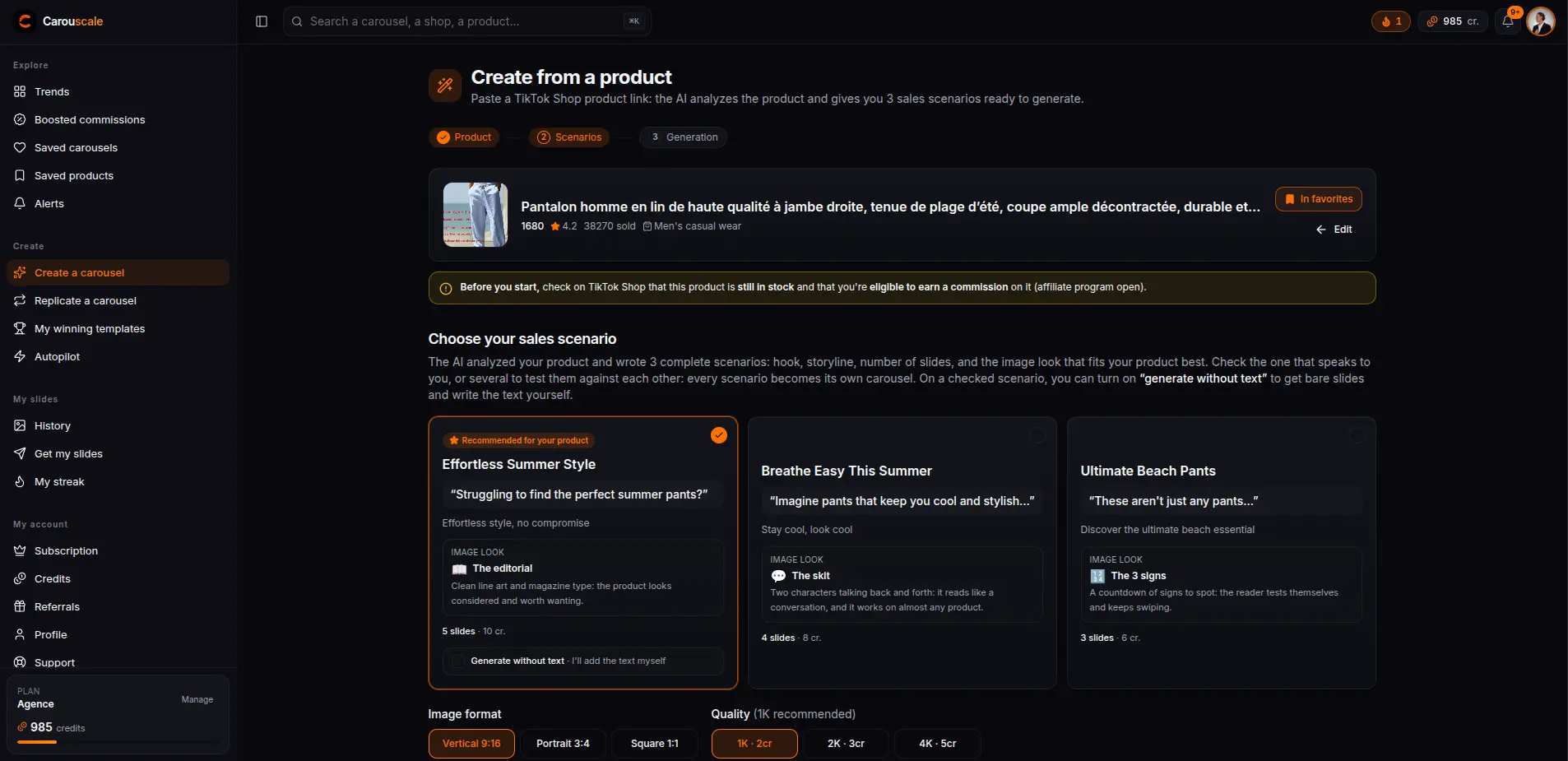 The 3 sales scenarios the Create studio offers after analyzing the product
