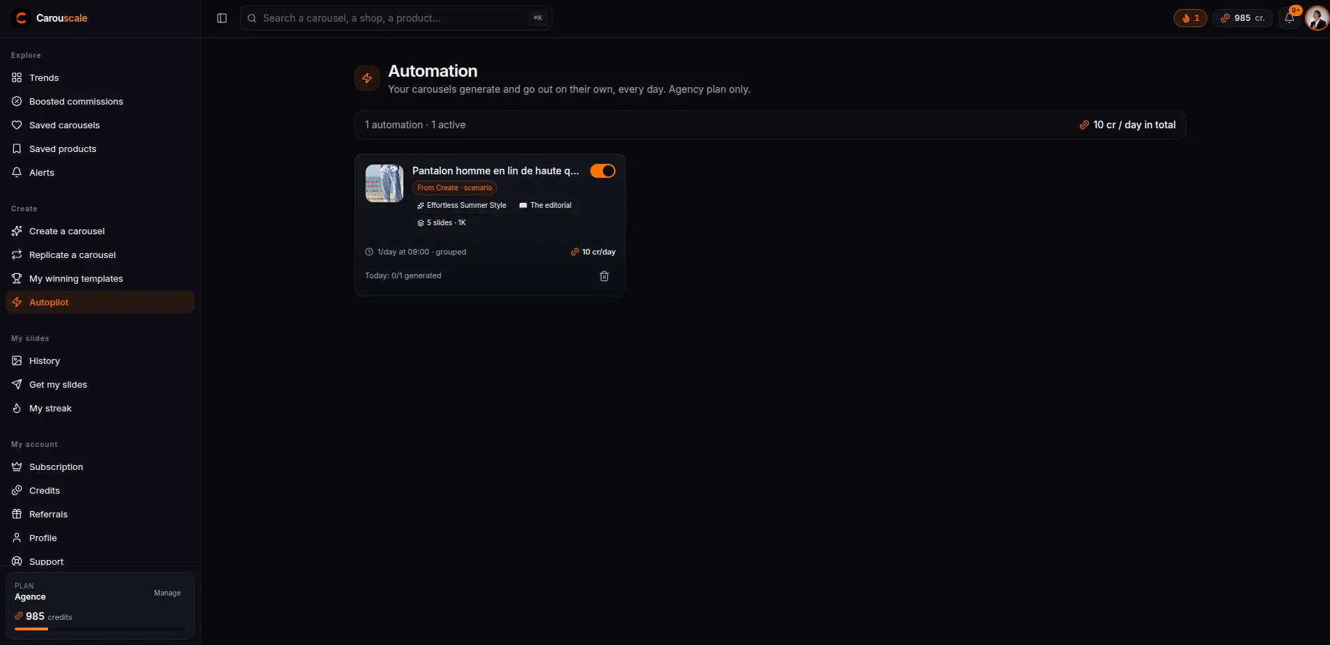An active automation in Carouscale: the product, the daily cadence and the credit cost per day