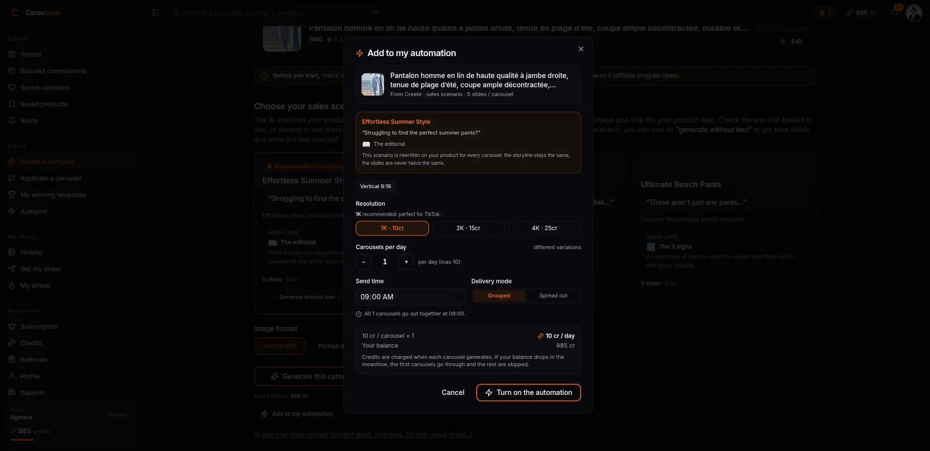 Configuring an automation: resolution, carousels per day, send time, grouped or spread delivery