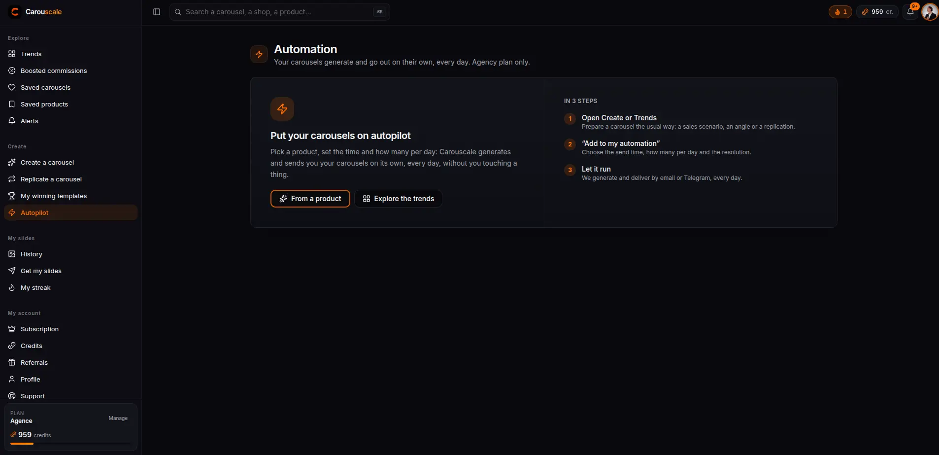 The Carouscale Automation page and its 3 steps: pick a product, configure, receive every day