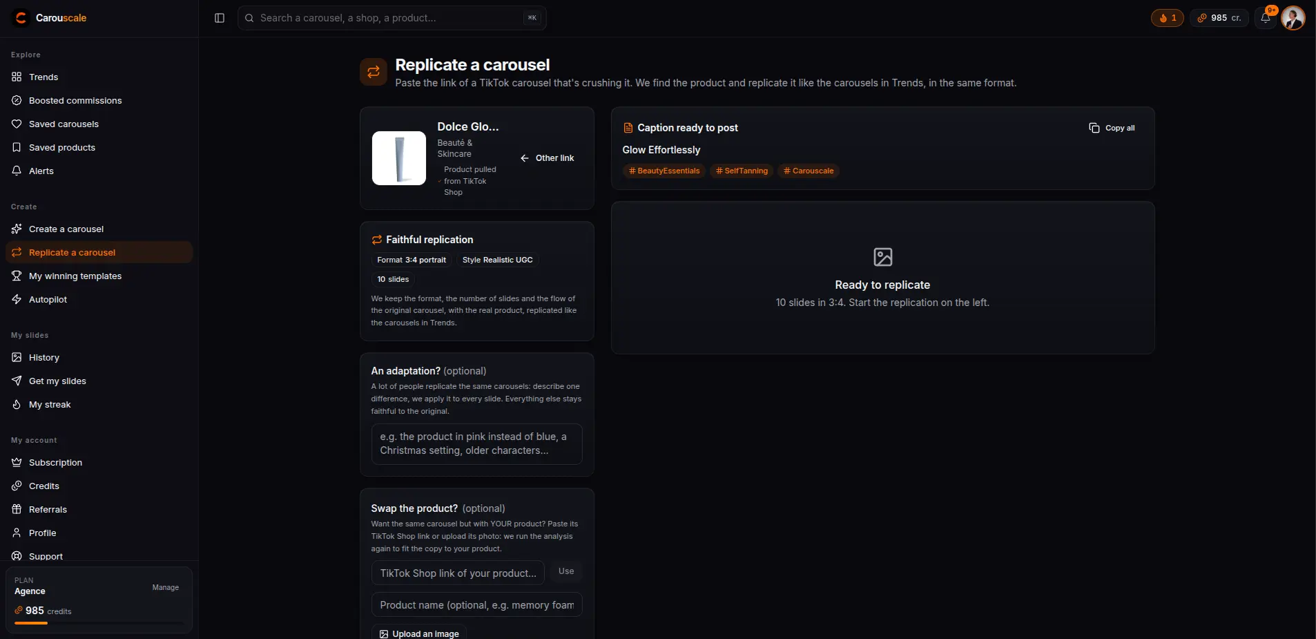 The TikTok Shop product found automatically and the faithful replica: original format, style and slides