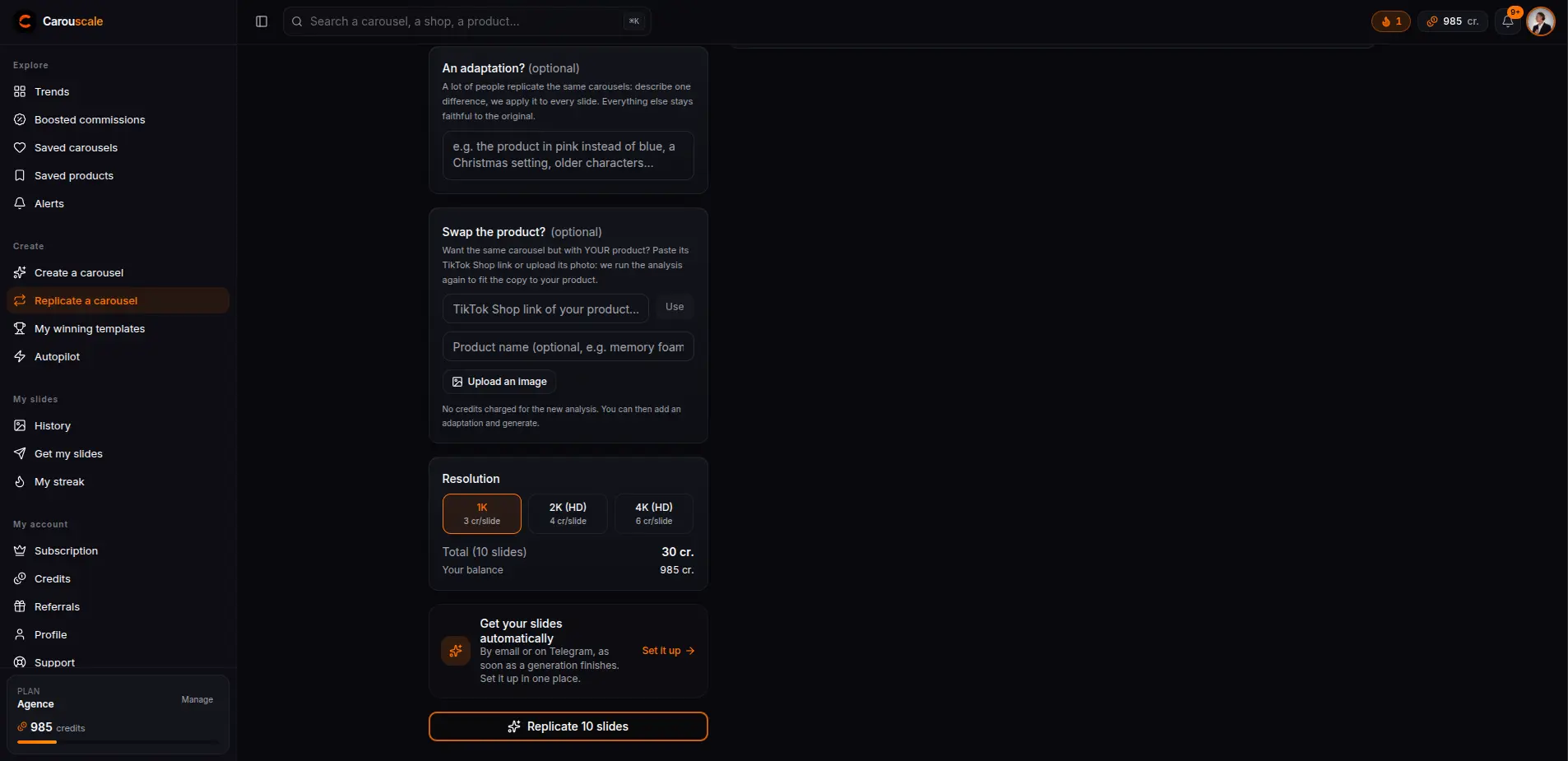 Choosing the 1K, 2K or 4K resolution, with the total in credits shown before launching the replica