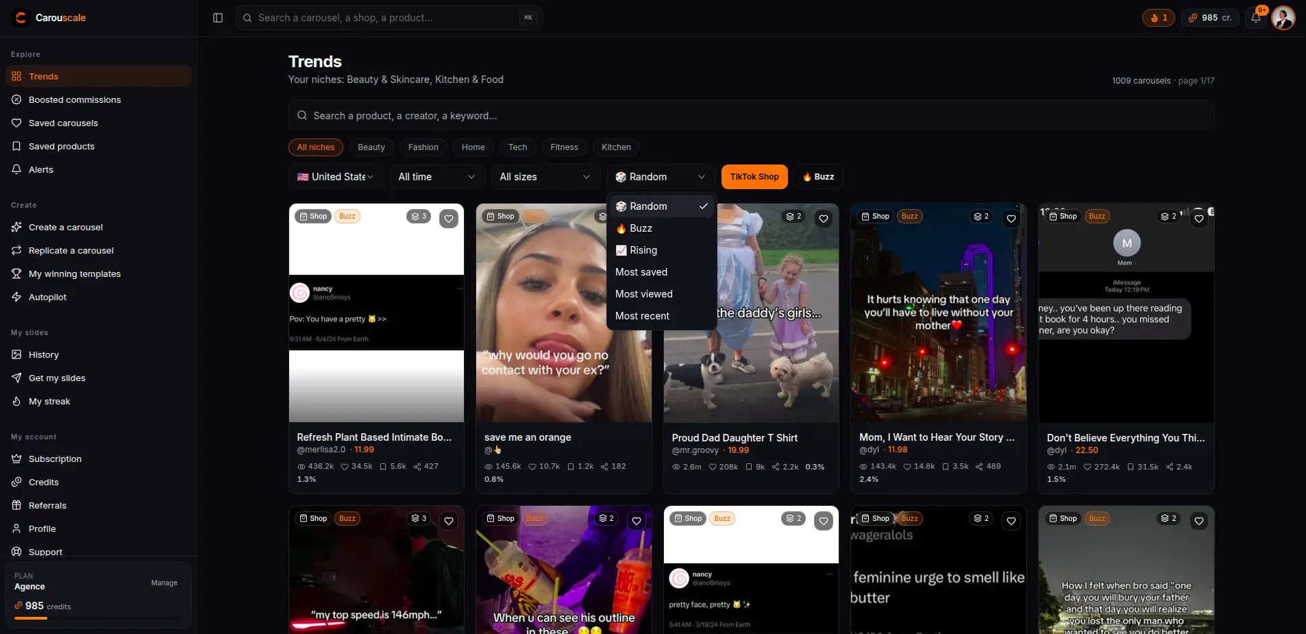 Niche filters and sorting by views or momentum on the Carouscale trends