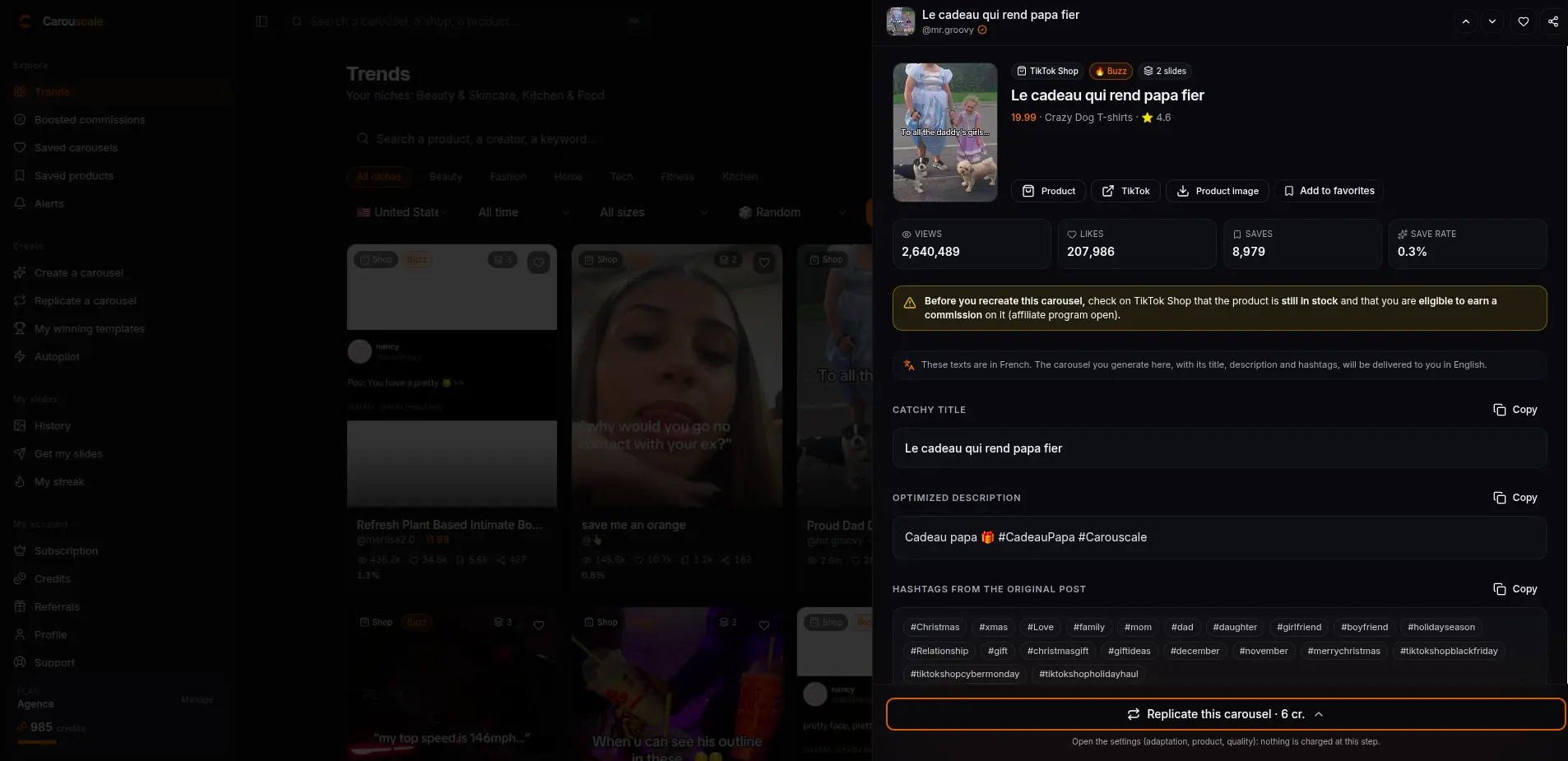 A trending carousel with the TikTok Shop product it sells and its stats