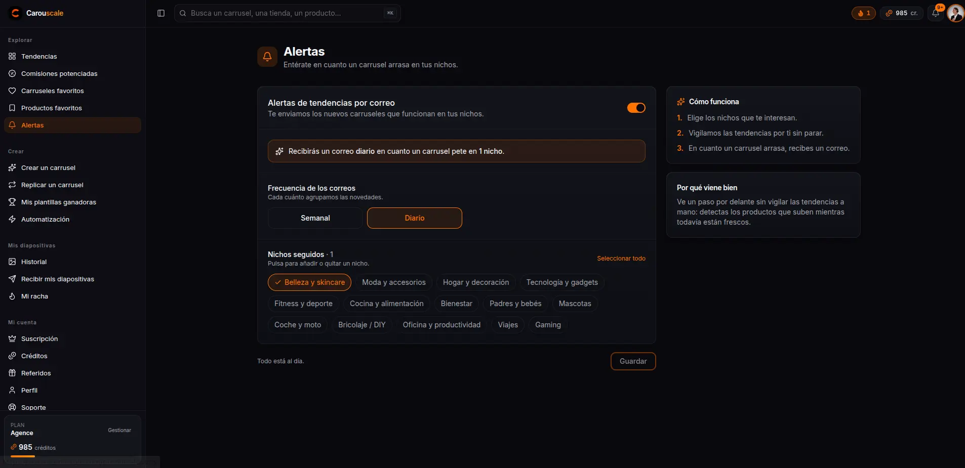 La activación de la alerta por correo de Carouscale y la elección de su frecuencia de envío