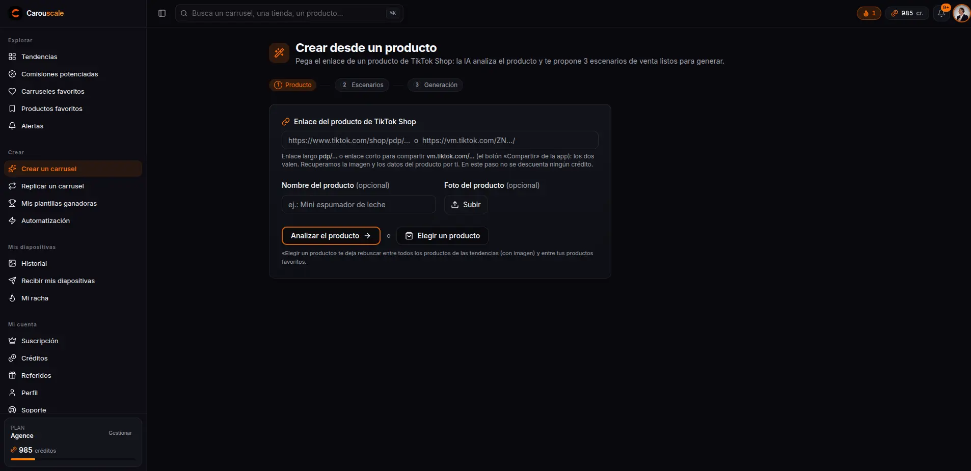 Pegar el enlace de un producto de TikTok Shop en el estudio Crear: la IA analiza el producto