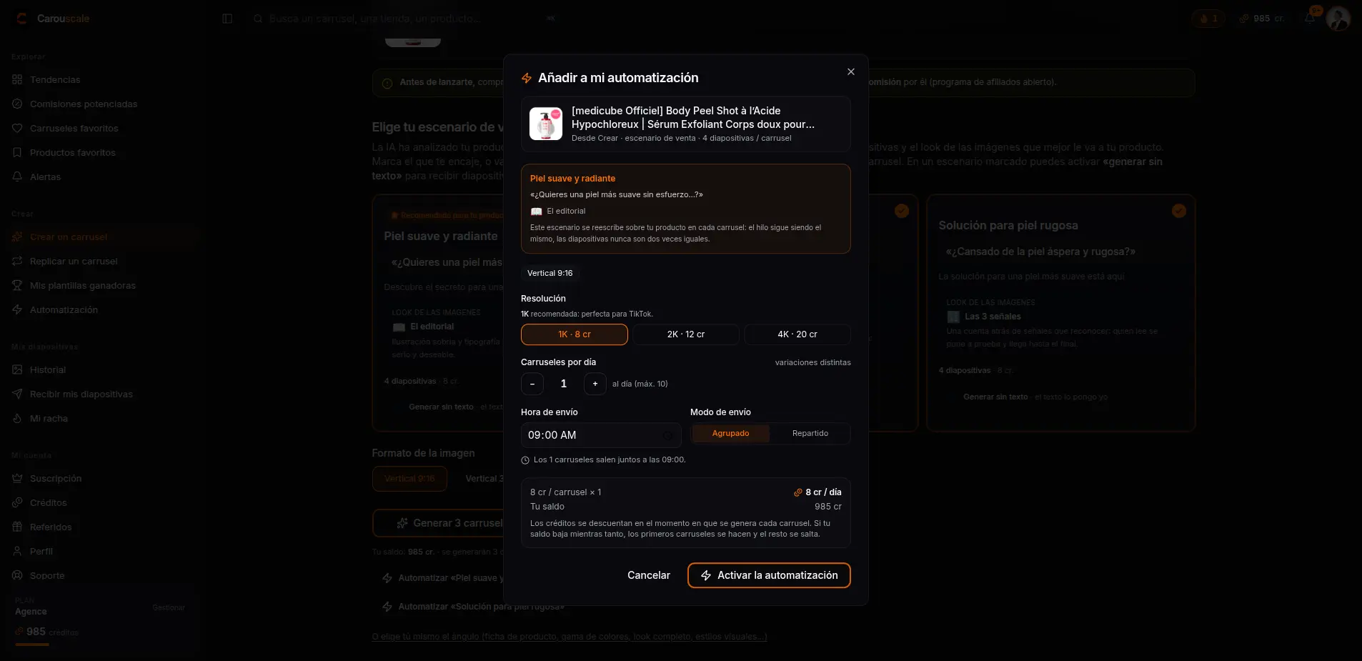 La configuración de una automatización: resolución, carruseles al día, hora de envío, entrega agrupada o repartida