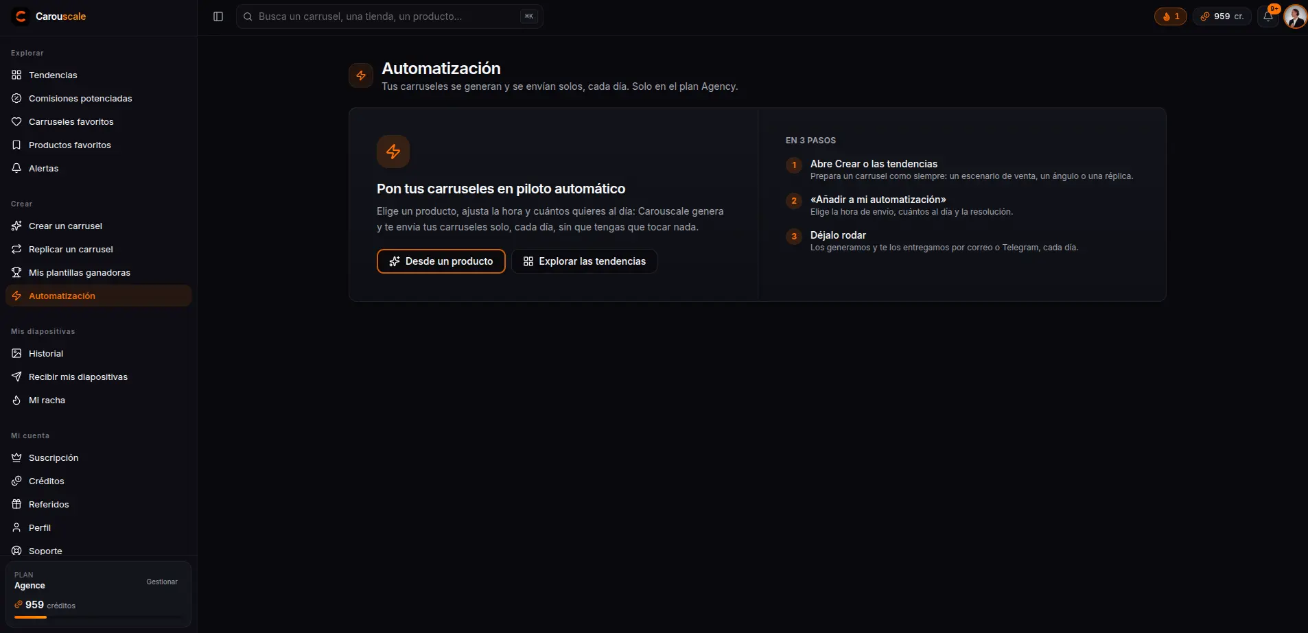 La página Automatización de Carouscale y sus 3 pasos: elegir un producto, configurar, recibir cada día