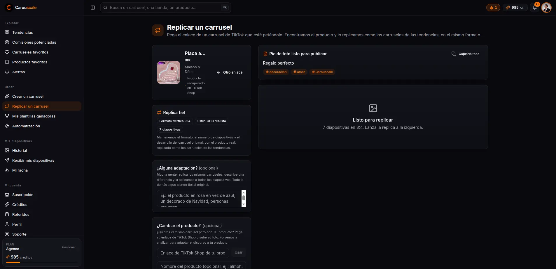 El producto de TikTok Shop encontrado automáticamente y la réplica fiel: formato, estilo y diapositivas de origen