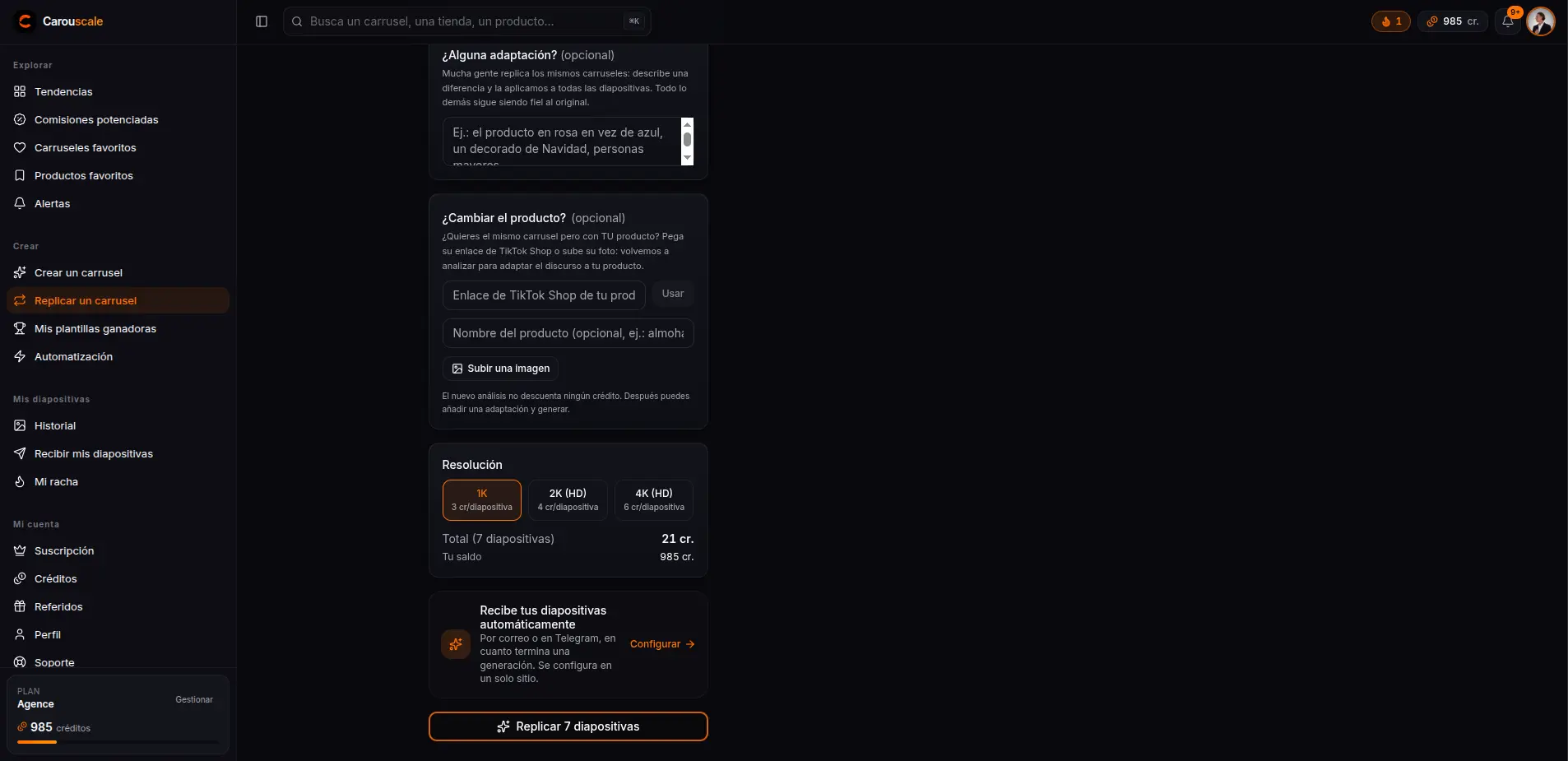 La elección de resolución 1K, 2K o 4K y el total en créditos mostrado antes de lanzar la réplica