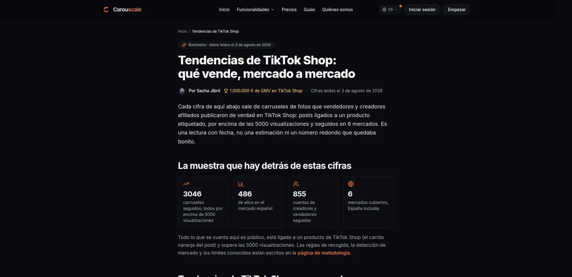 El barómetro público de tendencias de TikTok Shop de Carouscale, en acceso libre