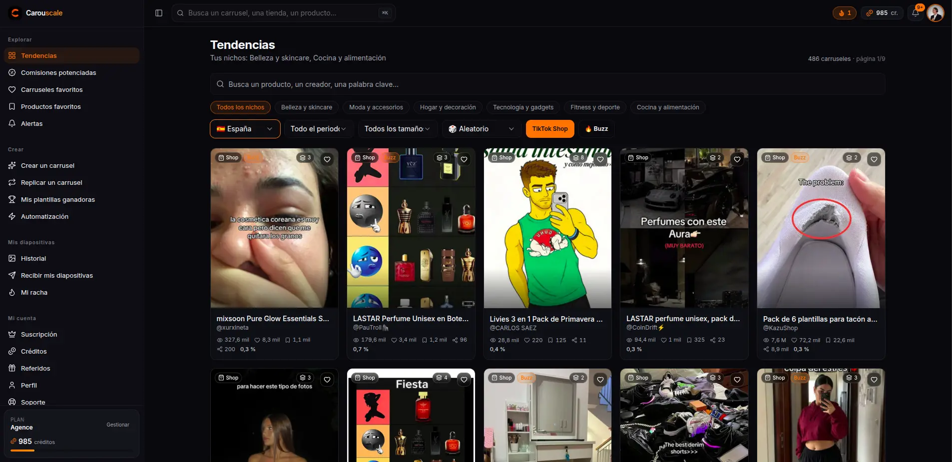 El tablero de tendencias de Carouscale: los carruseles de TikTok Shop que pasan de 5000 visualizaciones