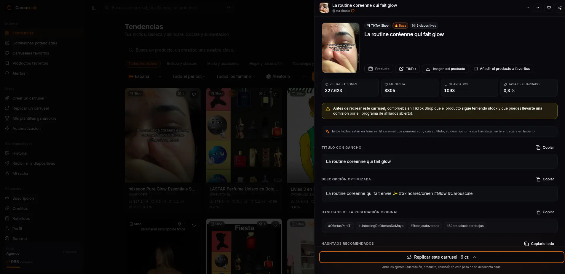 El botón Replicar este carrusel en una ficha de las tendencias de Carouscale