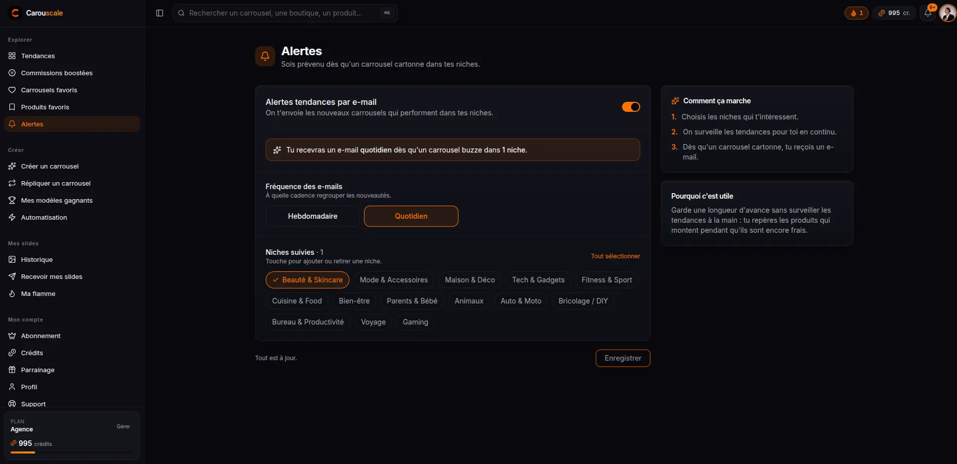 L'activation de l'alerte e-mail Carouscale et le choix de sa fréquence d'envoi
