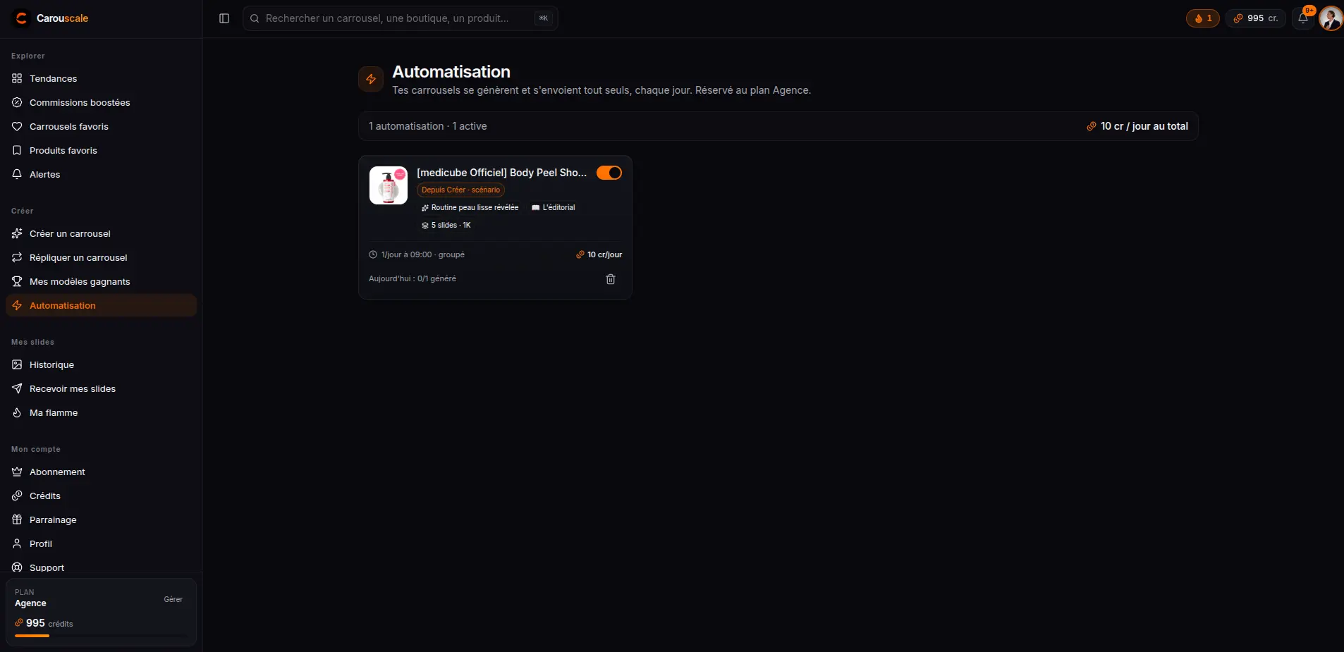 Une automatisation active dans Carouscale : le produit, la cadence quotidienne et le coût en crédits par jour