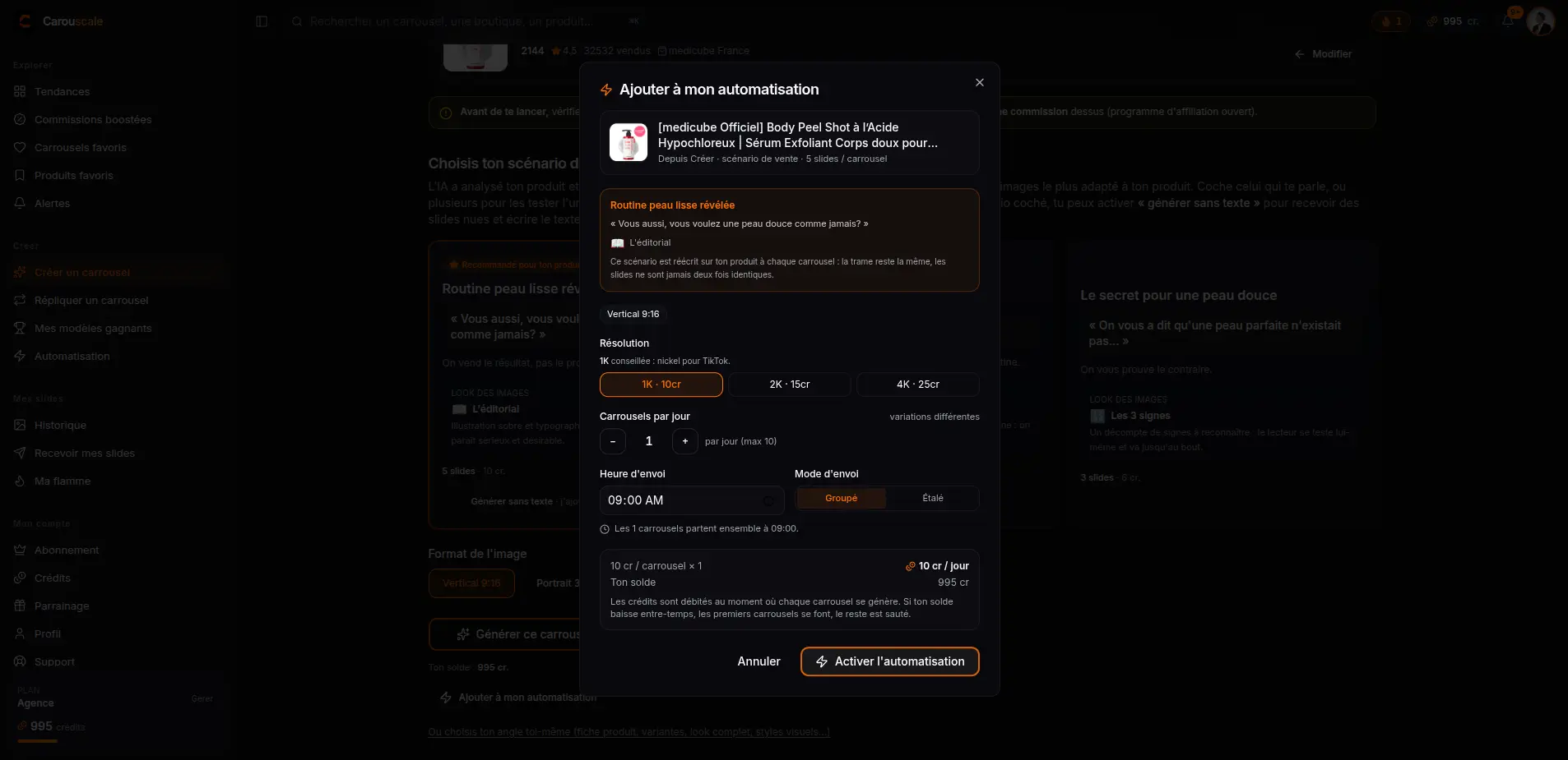 La configuration d'une automatisation : résolution, carrousels par jour, heure d'envoi, livraison groupée ou étalée