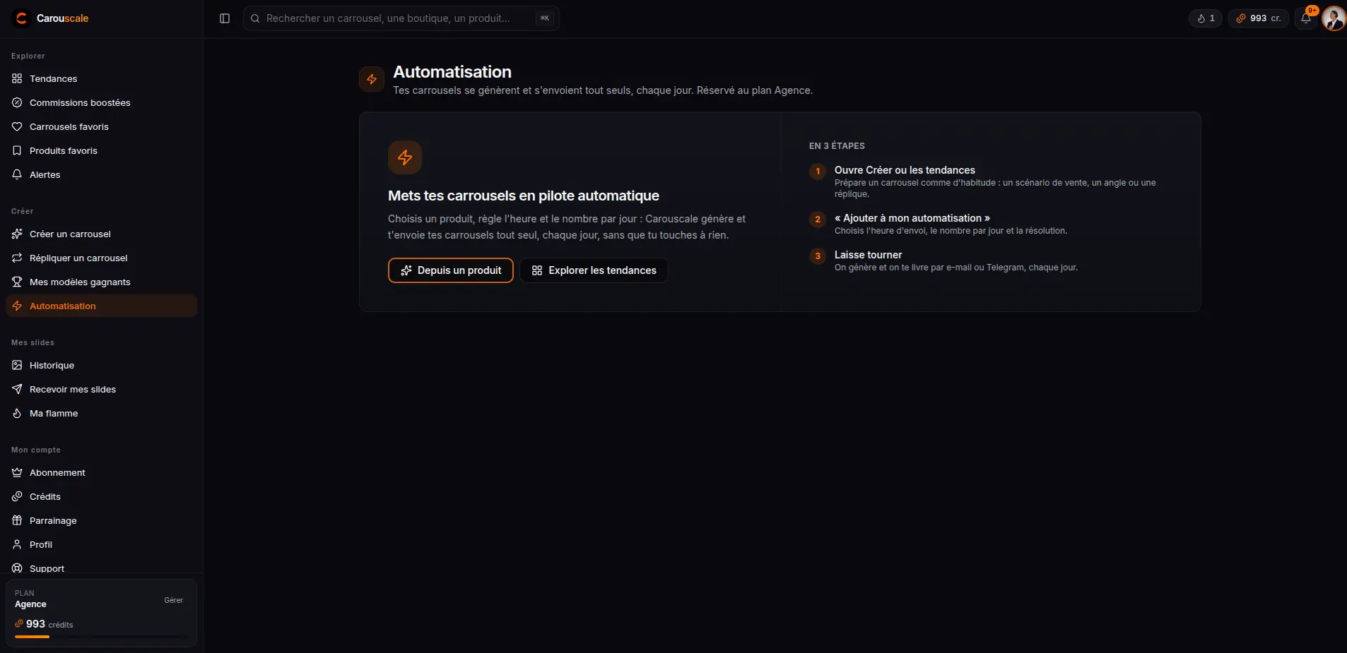 La page Automatisation de Carouscale et ses 3 étapes : choisir un produit, configurer, recevoir chaque jour