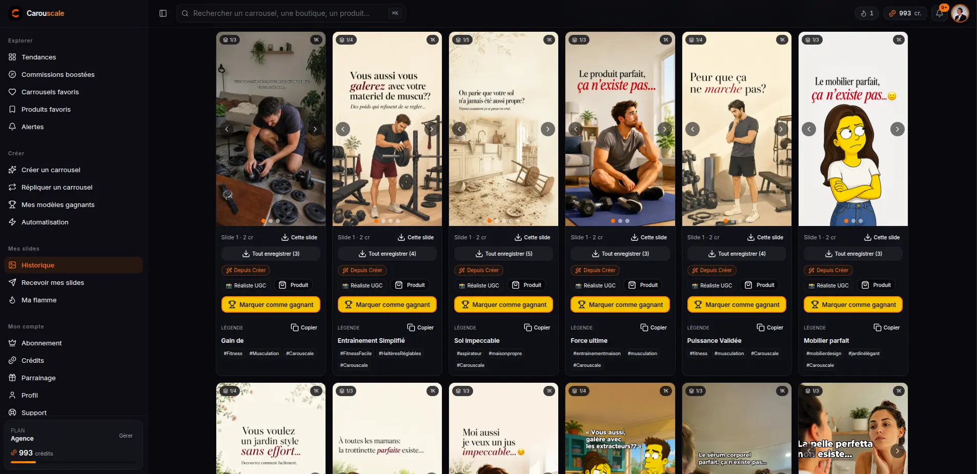 Des slides générées par Carouscale avec le texte incrusté en légende façon sous-titre TikTok