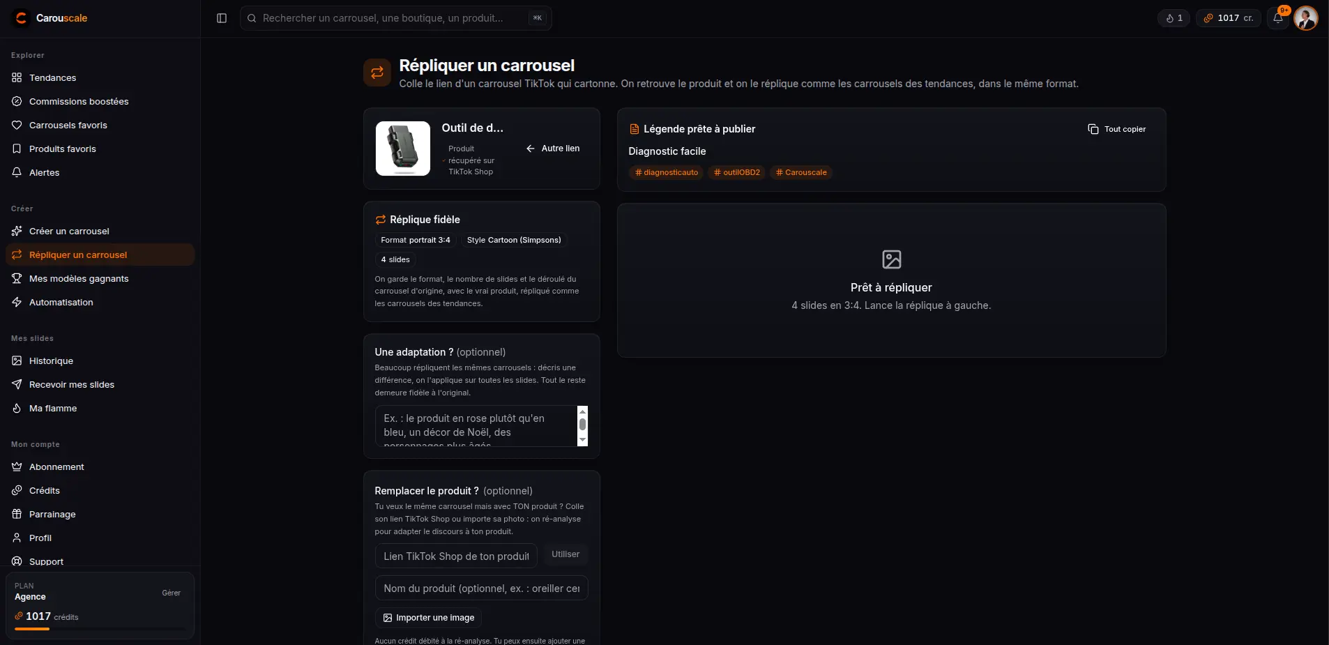 Le produit TikTok Shop retrouvé automatiquement et la réplique fidèle : format, style et slides d'origine