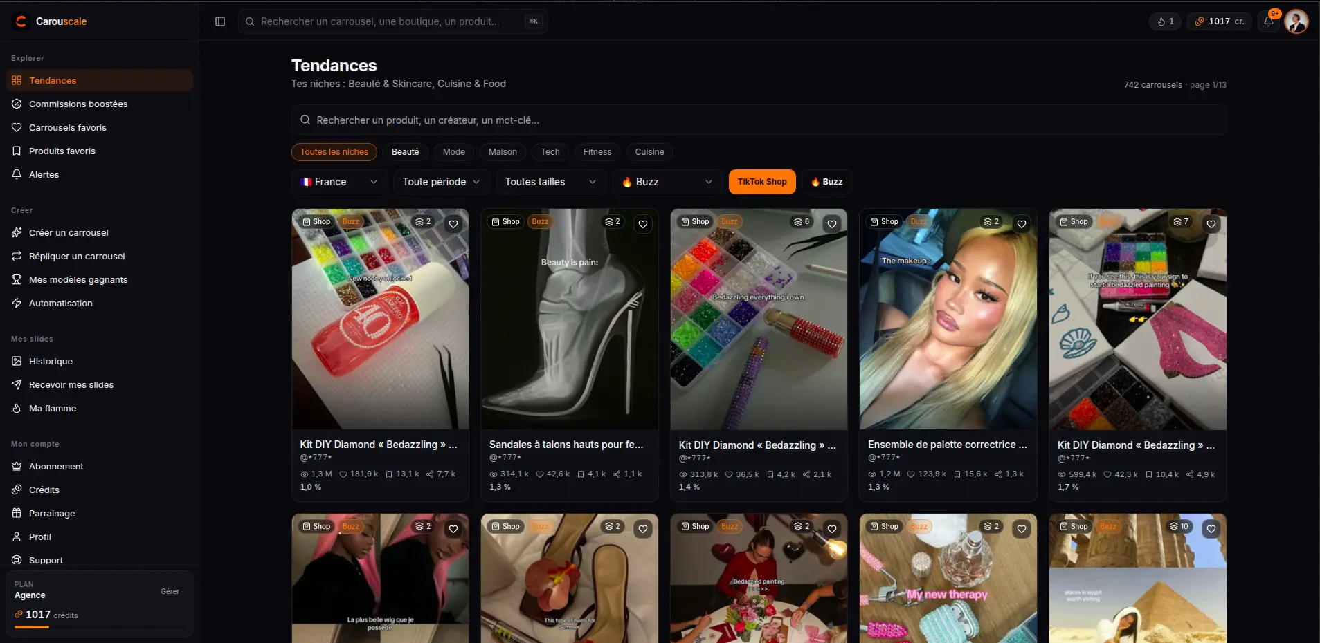 Le board des tendances Carouscale : les carrousels TikTok Shop qui dépassent 5 000 vues