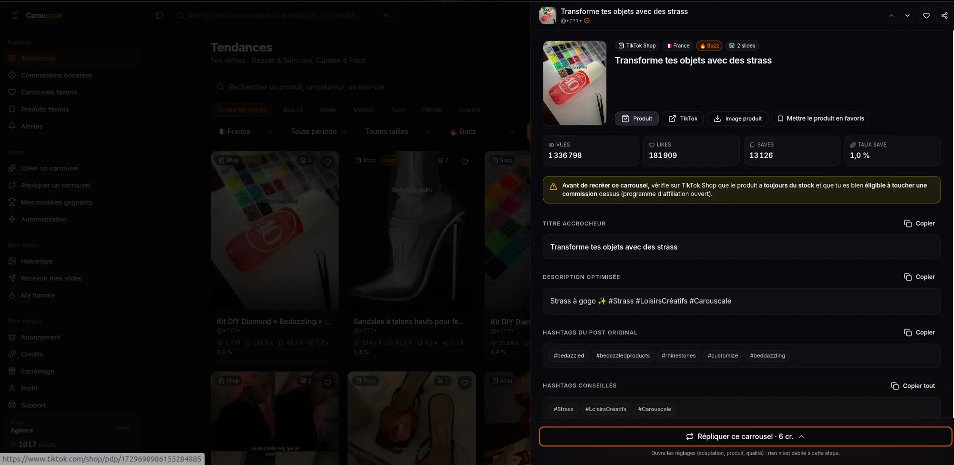 Le bouton Répliquer ce carrousel sur une fiche des tendances Carouscale