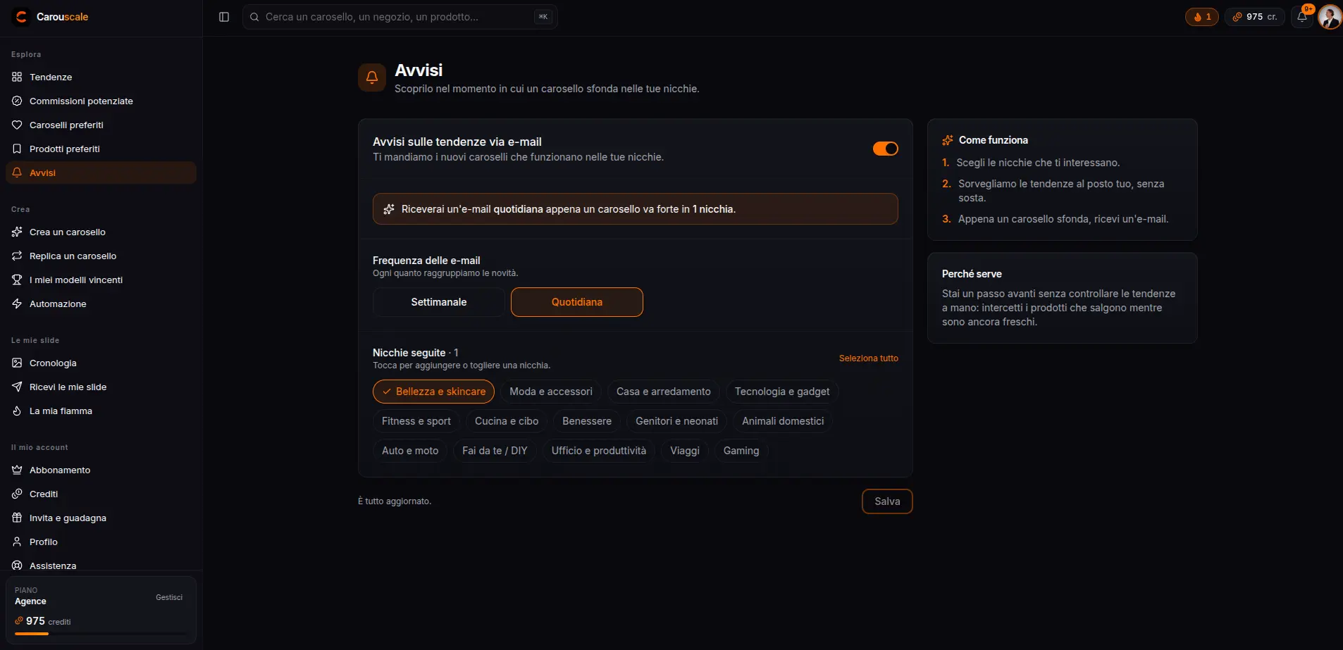 L'attivazione dell'avviso e-mail Carouscale e la scelta della frequenza di invio