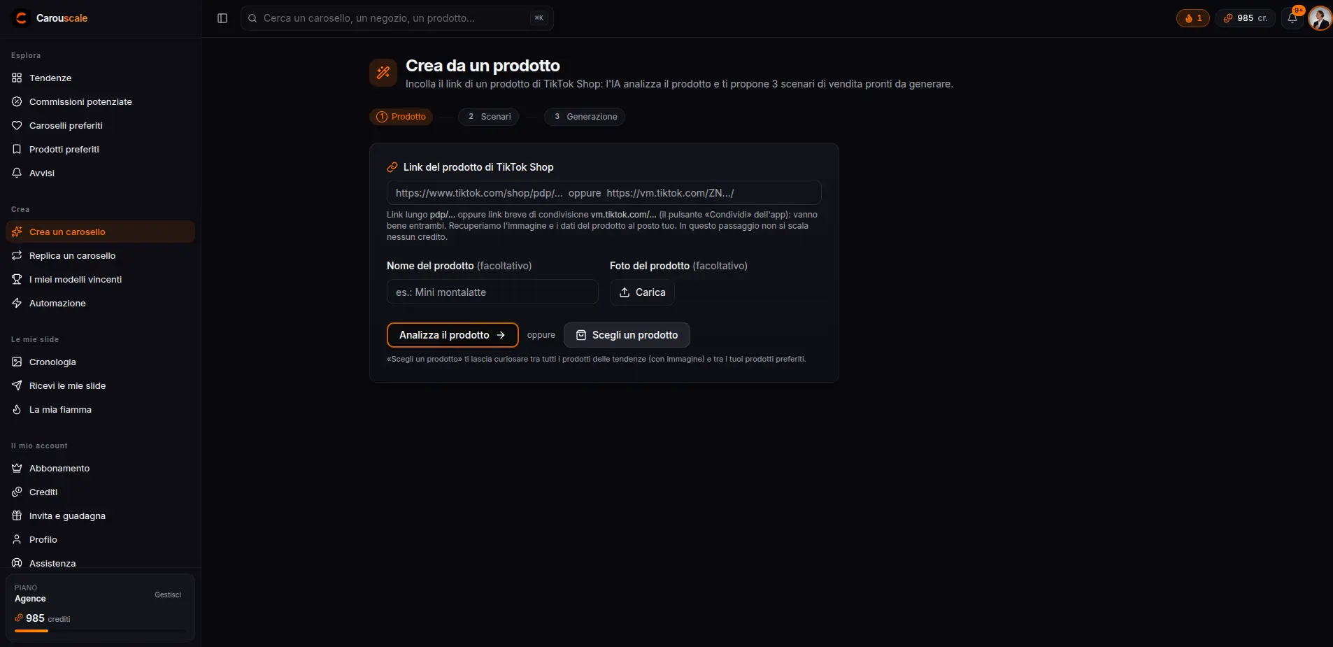 Incollare il link di un prodotto TikTok Shop nello studio Crea: l'IA analizza il prodotto