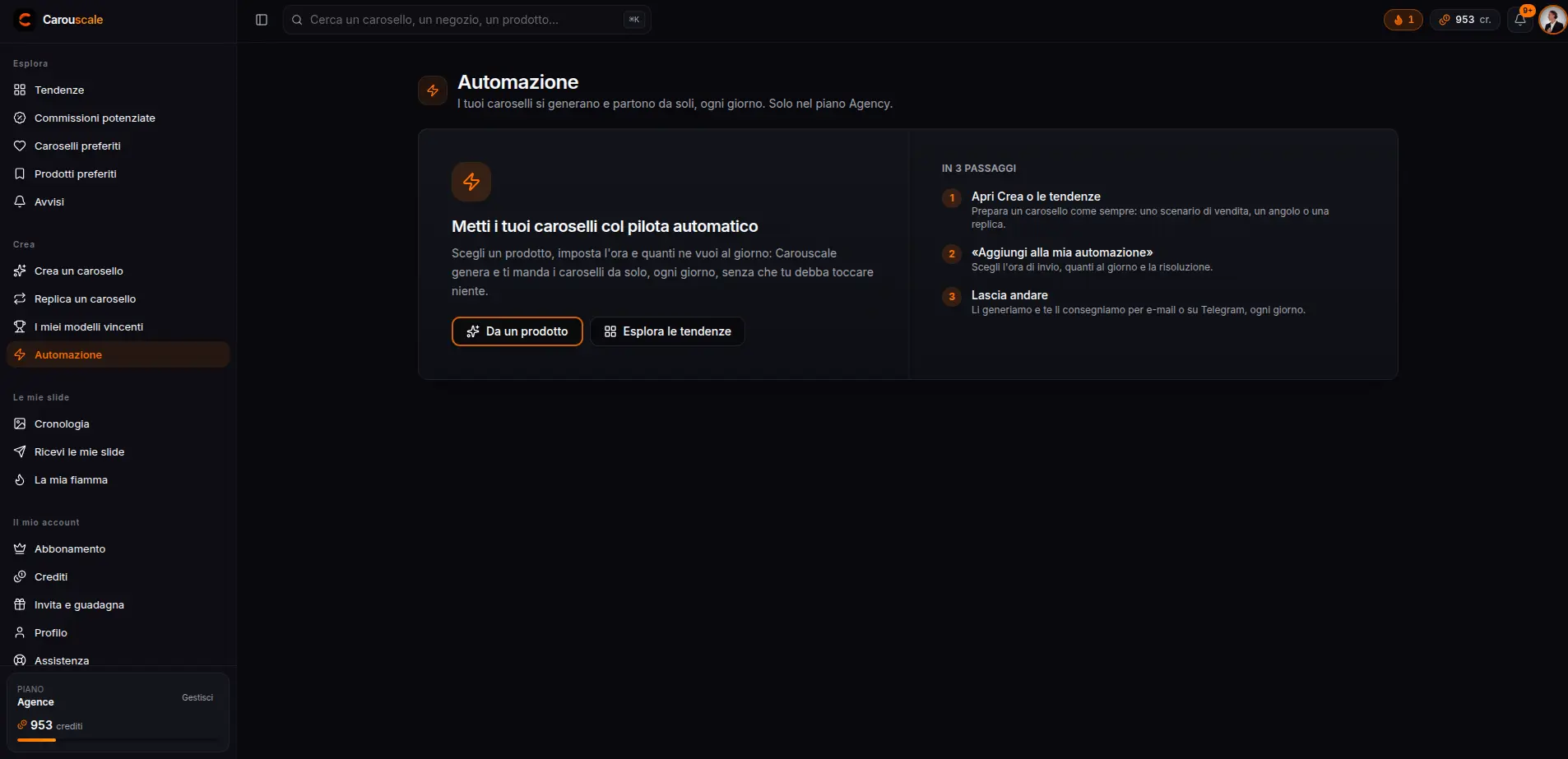 La pagina Automazione di Carouscale e le sue 3 fasi: scegliere un prodotto, configurare, ricevere ogni giorno