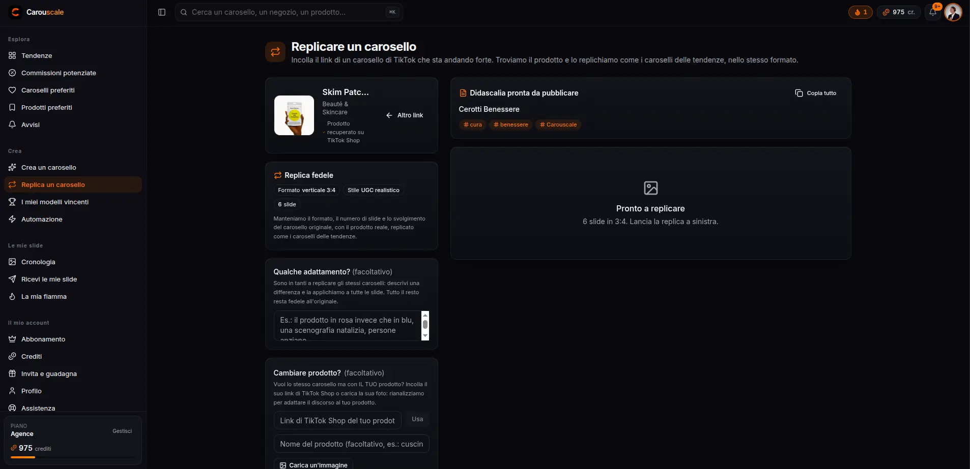 Il prodotto TikTok Shop ritrovato in automatico e la replica fedele: formato, stile e slide d'origine