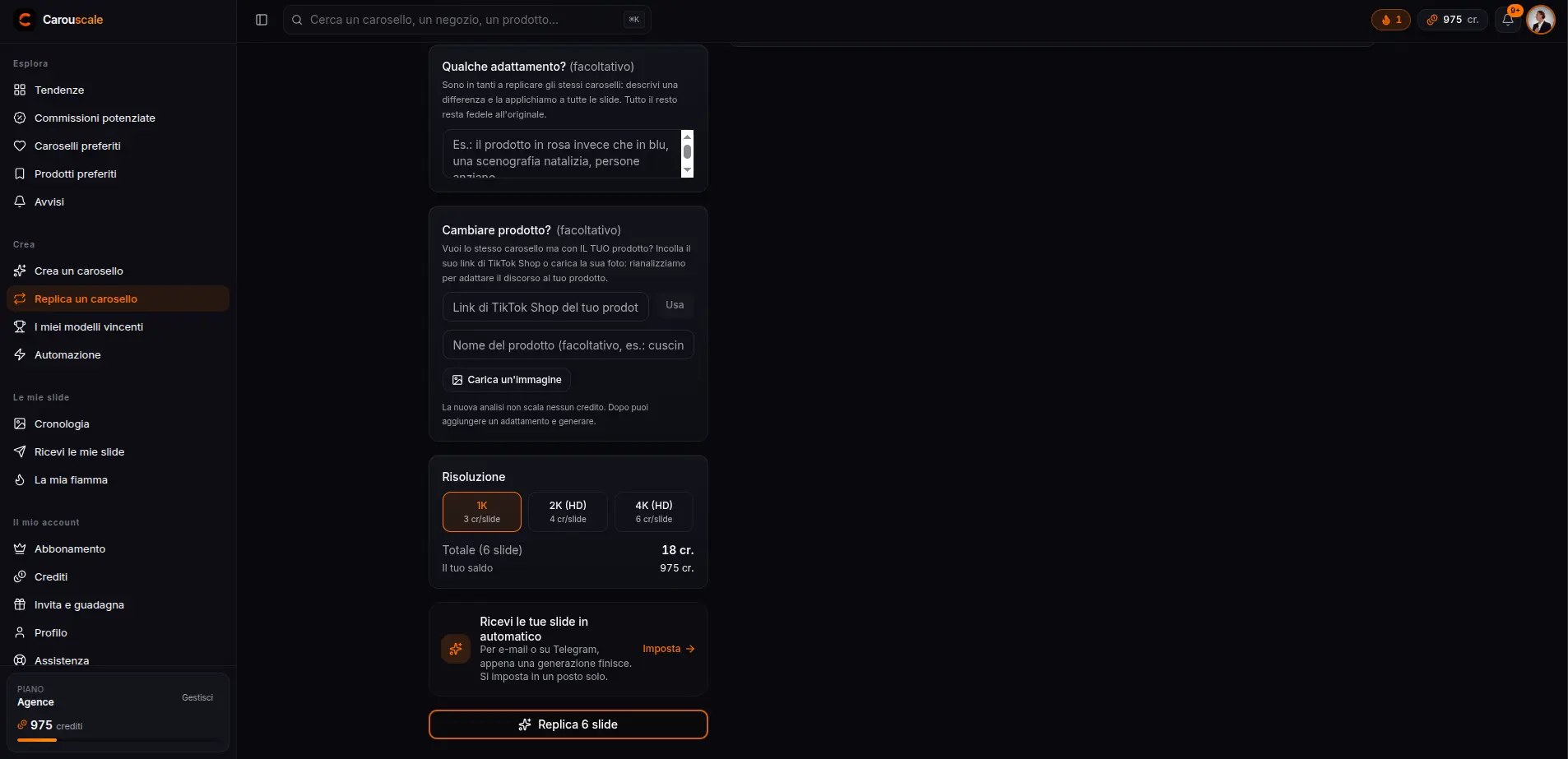 La scelta della risoluzione 1K, 2K o 4K e il totale in crediti mostrato prima di lanciare la replica